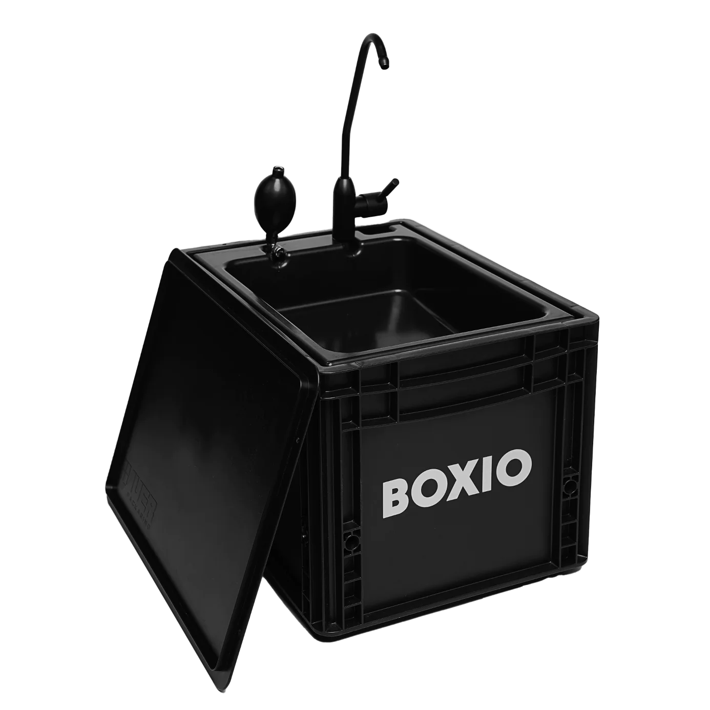 Schwarze mobile Waschstation mit Wasserhahn und Abdeckung, ideal für Outdoor-Events und Camping.