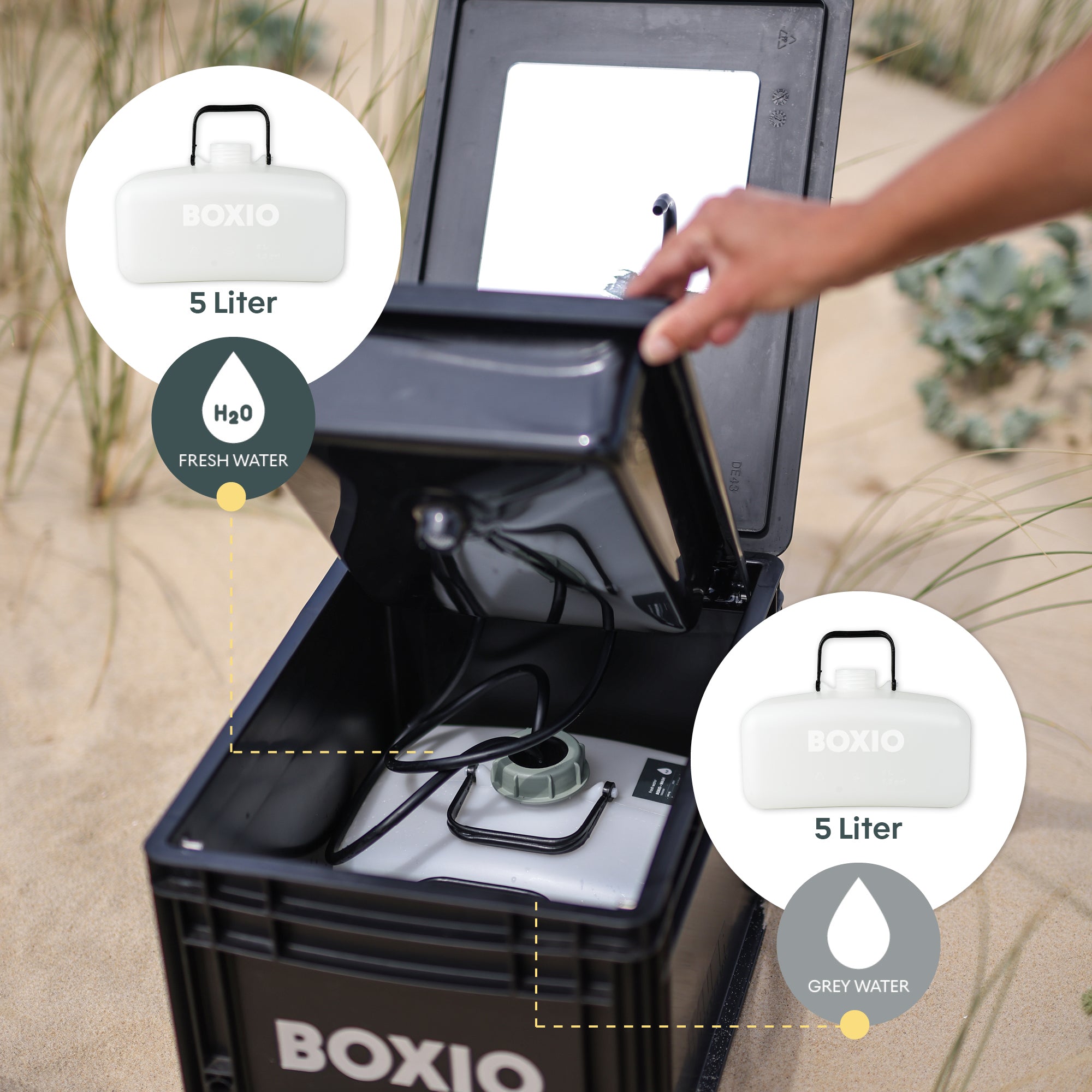 BOXIO-WASH | Lavabo portátil sin electricidad, móvil, compacto