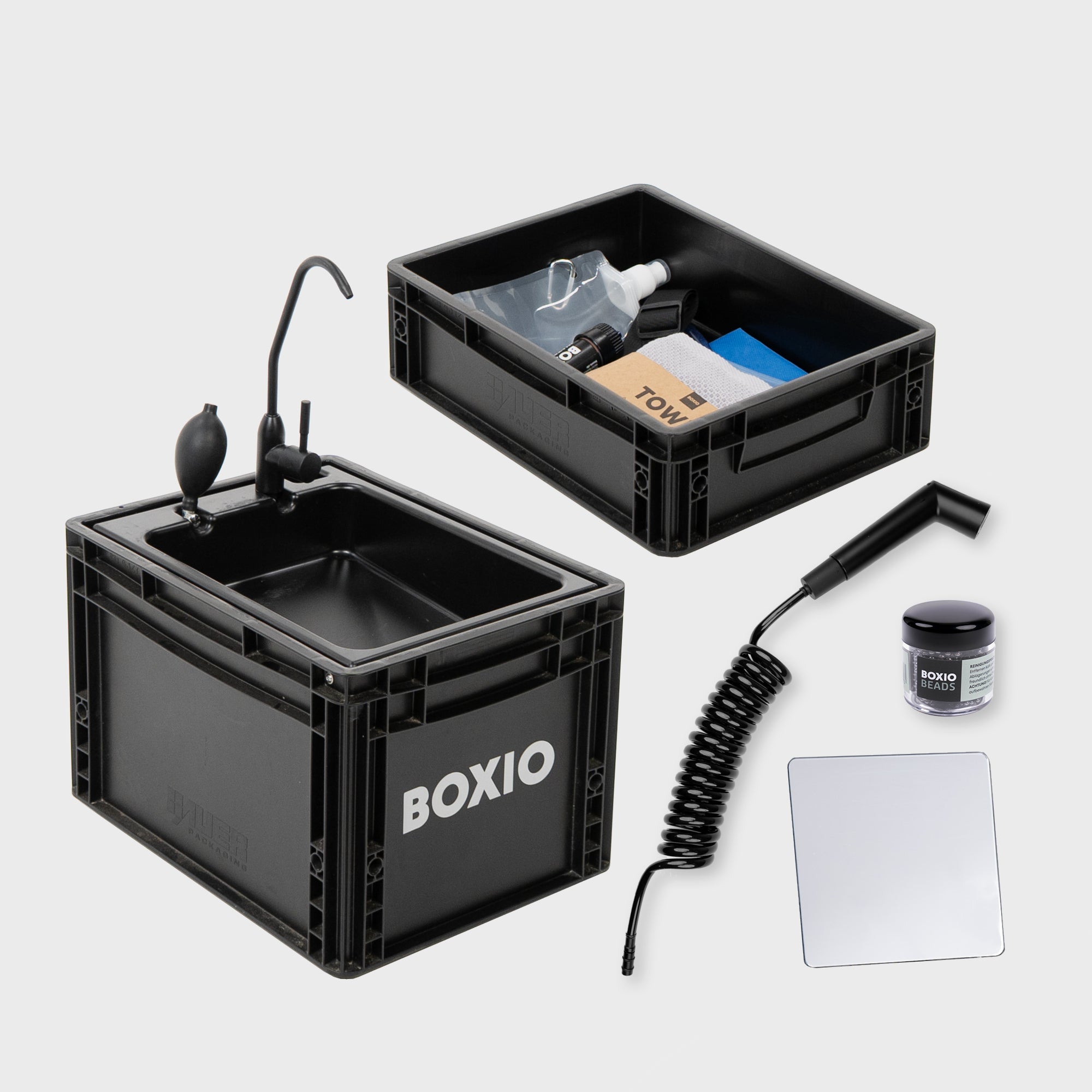BOXIO - WASH Plus : Kit Complet évier Mobile 40x30 Avec Douche, Billes De Nettoyage Et Miroir – Lavabo De Camping Avec Pompe Sans électricité En Eurobox, Idéal Pour Van, Plein Air